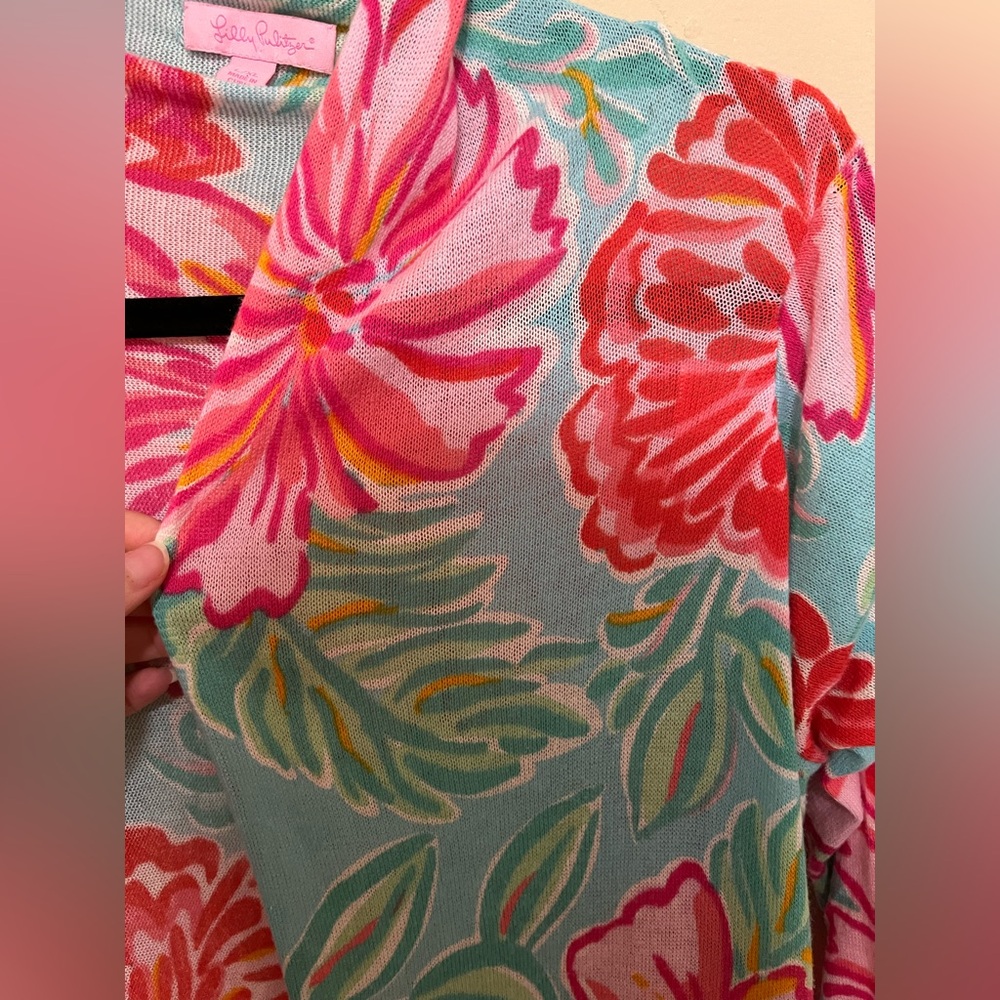 Lilly Pulitzer L/XL Open Swing Cardigan Shawl Swing Teal Pink Draped Jacey - Picture 5 of 11